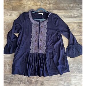 LOGO Lavish Purple Embroidered Panel Top Size Large US Flowy Boho Romantic